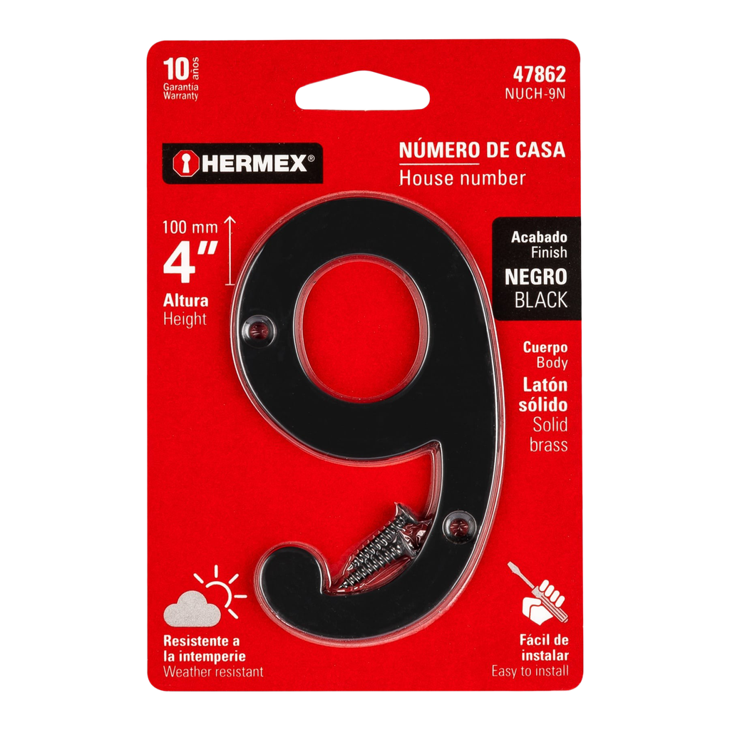 NUMEROS METALICOS DE 4" NUMERO 9 DE LATON SOLIDO P-HR-47862