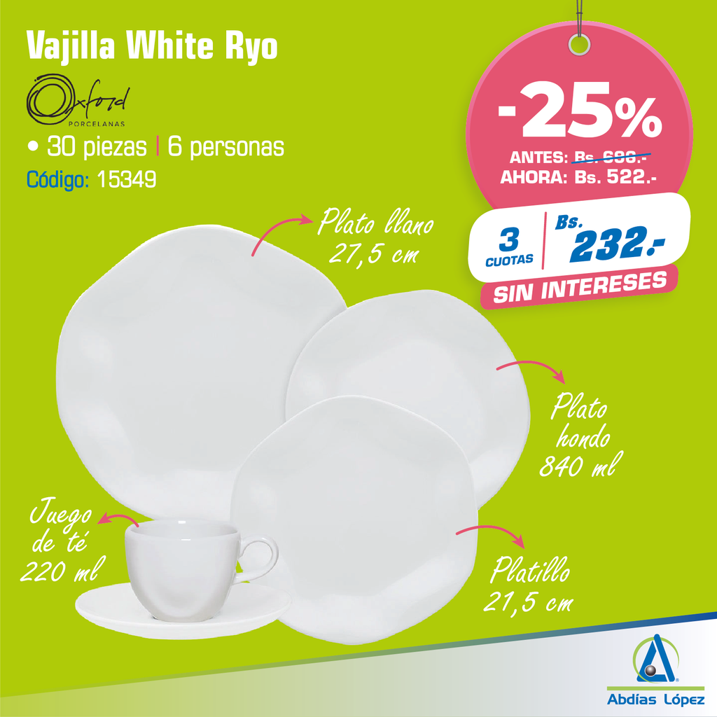 VAJILLA 30 PZAS. WHITE RYO (MADERA/CARTON) P-RA31-9504