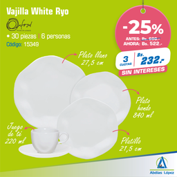 [I-15349] VAJILLA 30 PZAS. WHITE RYO (MADERA/CARTON) P-RA31-9504